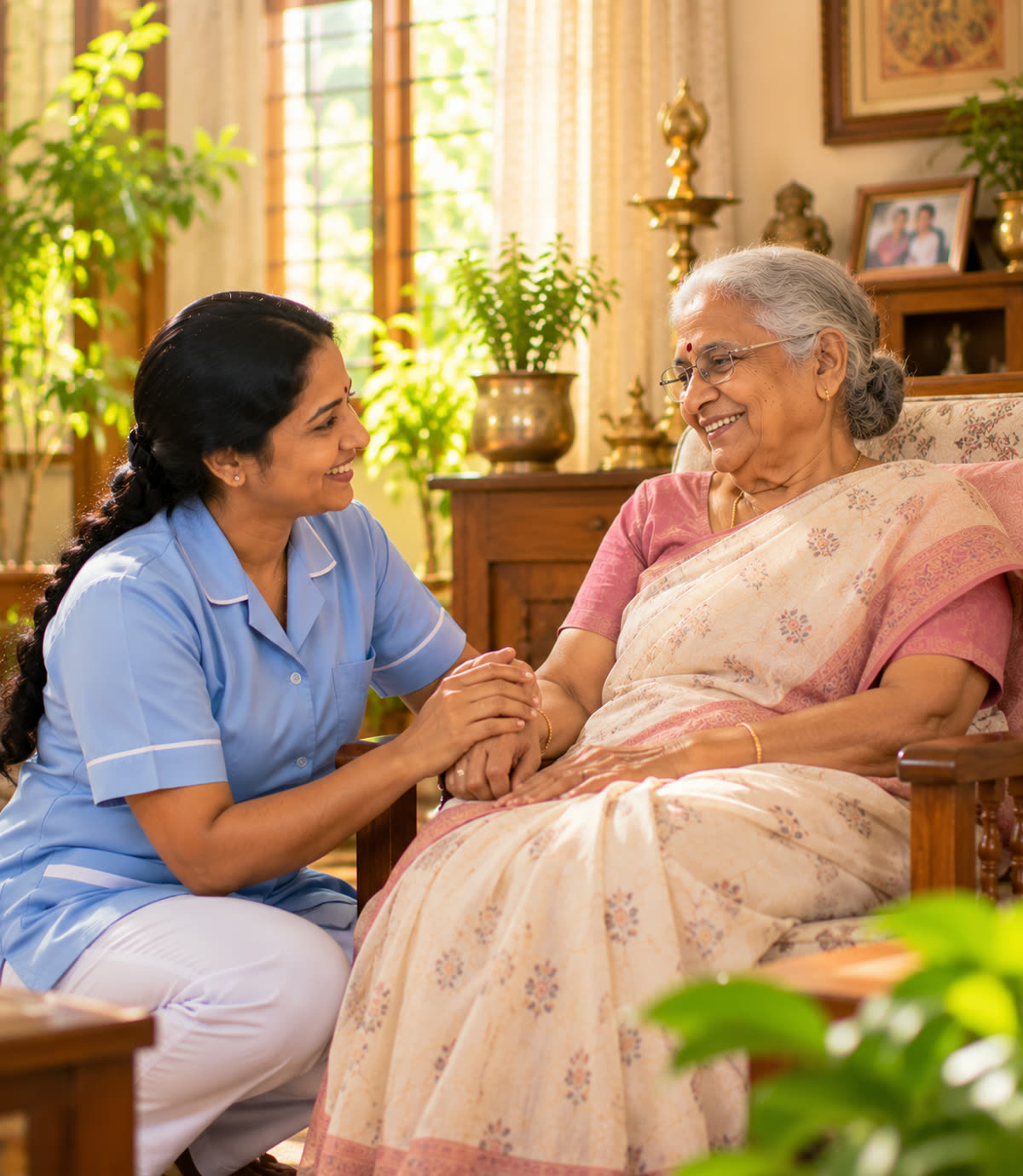 A caregiver holding the hand of a smiling elderly woman in a sunlit living room