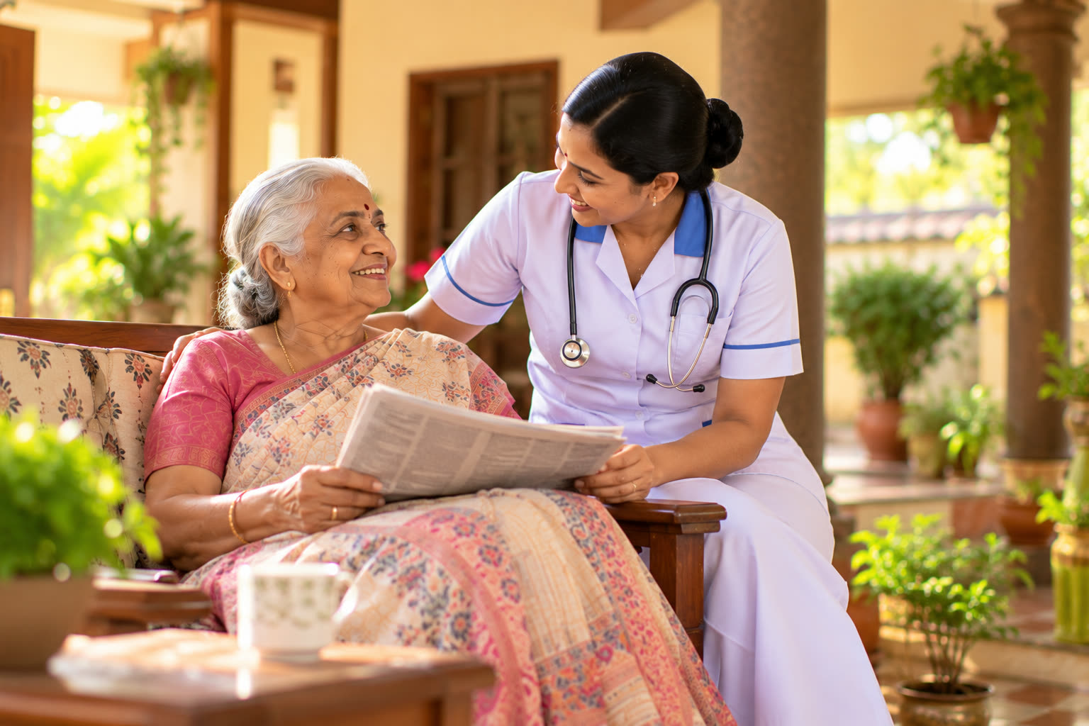 A nurse and an elderly woman reading the newspaper together on a verandah