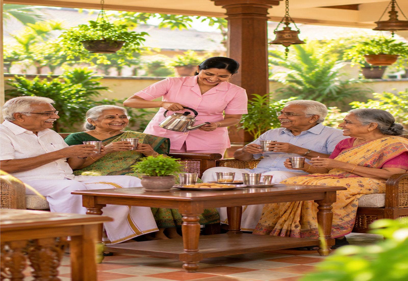 Elderly residents enjoying tea together on a verandah with a caregiver