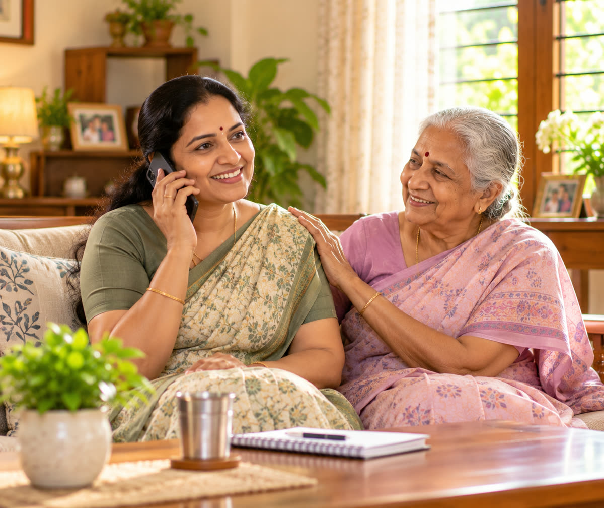 A woman on a phone call with her smiling elderly mother beside her at home