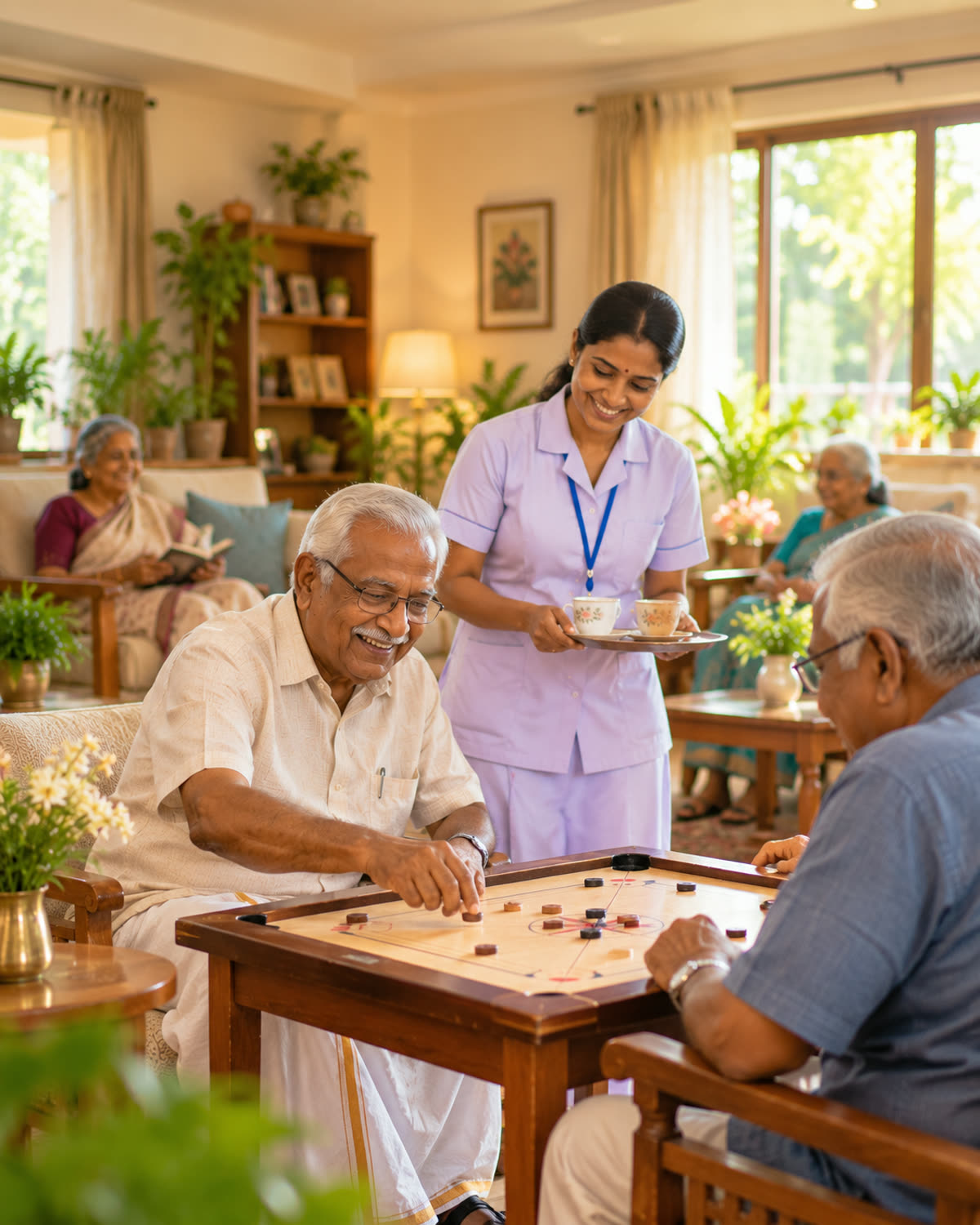 Seniors playing carrom in a comfortable common room while a caregiver serves tea