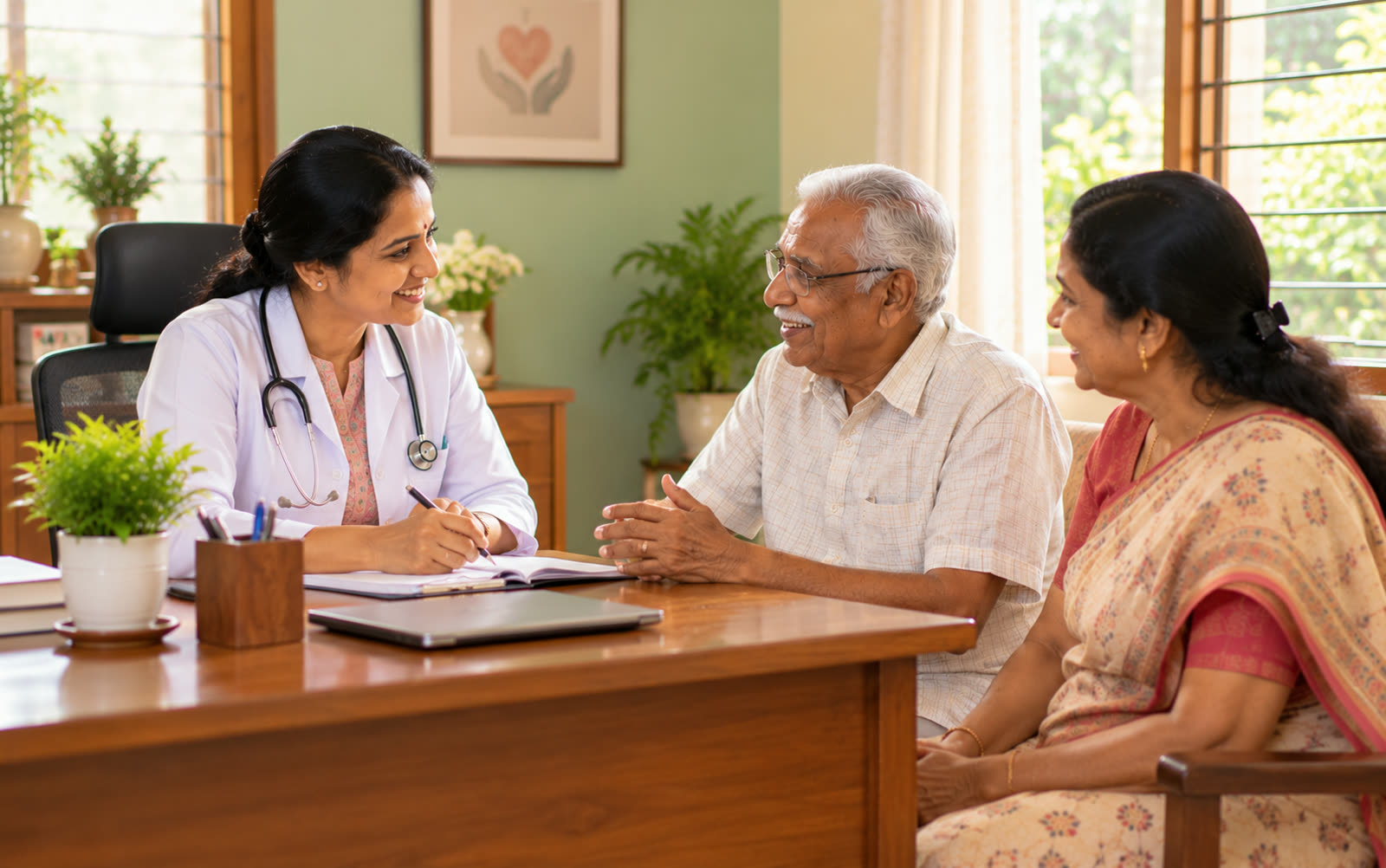 A doctor listening to an elderly man and his daughter in a bright consultation room