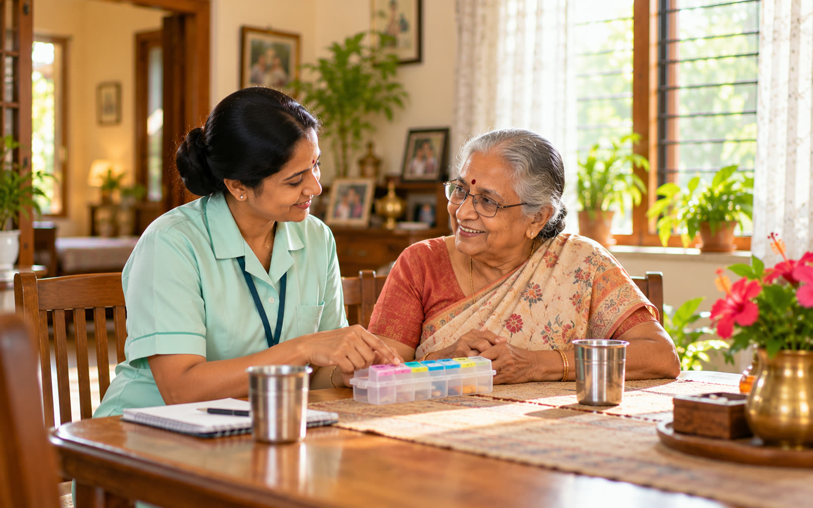 A nurse explaining a pill organiser to an elderly woman at a dining table at home