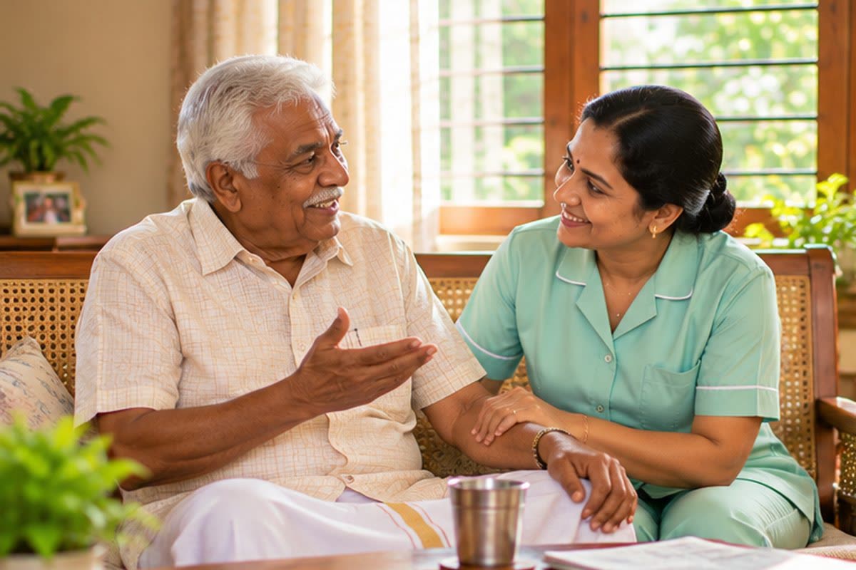 A caregiver listening attentively to an elderly man