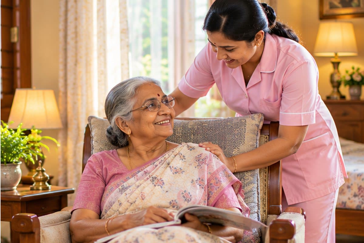 A caregiver making an elderly woman comfortable in her armchair